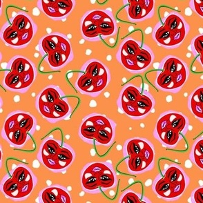 Retro Kitschy Cherries on an Orange Background