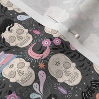 Skulls with cats, bats, and witchy things - halloween, pastel, grey - very small (9 inch W repeat)