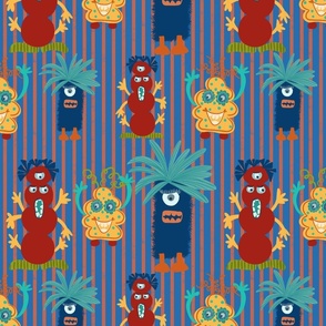 Maximalist Happy colurful monsters in blue, red, yellow and turquoise with stripes - Halloween