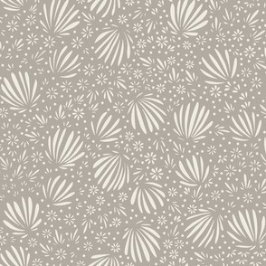fronds and flowers - cloudy silver taupe _ creamy white - small scale micro ditsy floral