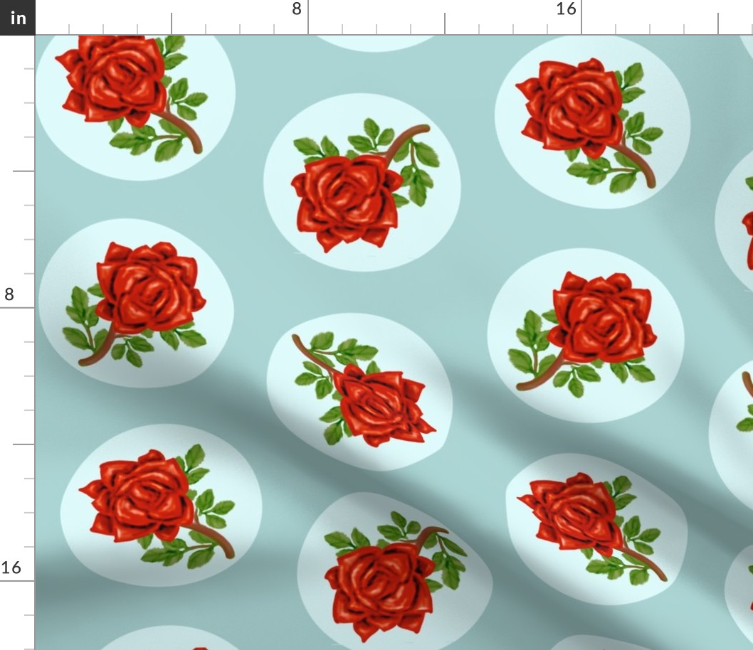 Red Rose Circles on Grayed Blue