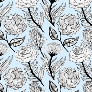 Hand-Drawn Ink Line Art:  Elegant Flowers Drawing on a pastel Blue Background