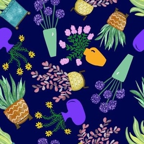 Potted Plants and Flowers Dark Blue Background