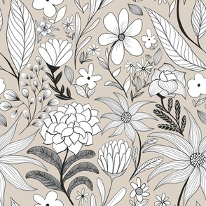 Wildflowers Line Art Drawing on beige background