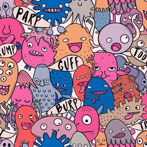 Burping and farting monsters pinks,purples, blues