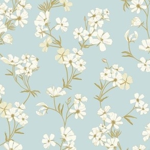 Aflutter floral small cream white, sky blue, light brown green, beige, lavender 