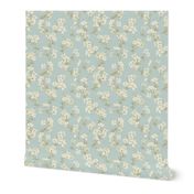 Aflutter floral large cream white, sky blue, light brown green,  beige, lavender 