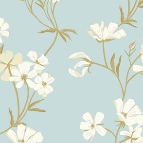 Aflutter floral large cream white, sky blue, light brown green,  beige, lavender 
