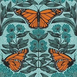 Arts and Crafts Monarchs  & Milkweed in Aqua and Terracotta