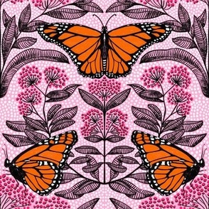 Arts and Crafts Monarchs  & Milkweed in 70s Palette Pink and Orange