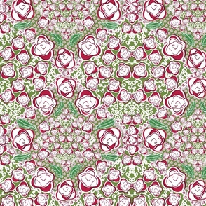 Christmas Red, Green, White, Damask, 4800, v01—rose, rosette, pink and green, holiday, Noel, joy, party, tablecloth, table linens, sheets, bedding, kitchen, bedroom