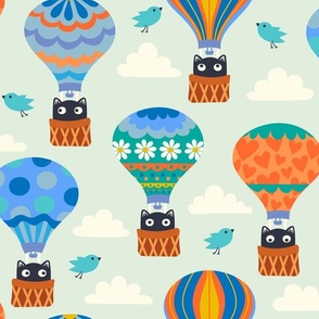 Black Cats in Hot Air Balloons + Birds / Sky / Clouds - LARGE