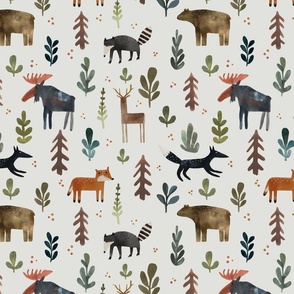 Watercolor woodland animals - medium hand drawn bear, moose, fox, deer and raccoon - Forest fauna - kids apparel