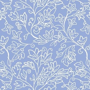 Hand drawn indian floral simple in white on forget-me-not blue