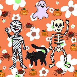 Halloween on flowers (large print) with mummies, pumpkins, ghosts, skeletons, spiders, and black cats, on orange