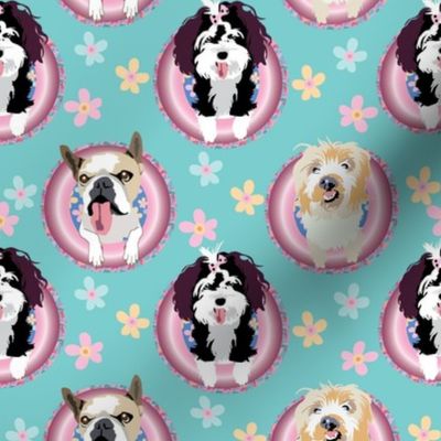 small print //Pool dogs  swimming with bright pink  pool donuts