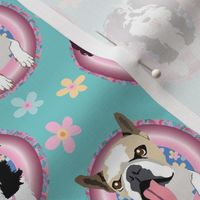 small print //Pool dogs  swimming with bright pink  pool donuts