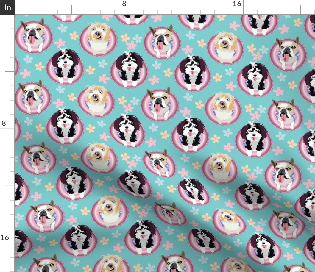 small print //Pool dogs  swimming with bright pink  pool donuts