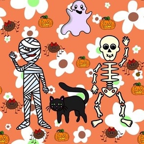 Halloween on flowers (medium print) with mummies, pumpkins, ghosts, skeletons, spiders, and black cats, on orange