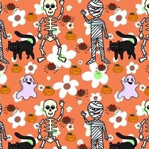 Halloween on flowers (small print) with mummies, pumpkins, ghosts, skeletons, spiders, and black cats, on orange