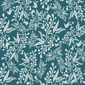 Leaves and Flourishes (Teal and White)