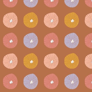 celestial sunshine spots - earthy terracotta cinnamon brown, pink peach, lavender purple, coral pink and sunshine yellow 