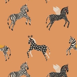 Whimsical equestrian parade  -  apricot tan orange brown monochrome black and off white