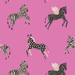 Whimsical equestrian parade  -  bubblegum pink monochrome black and off white