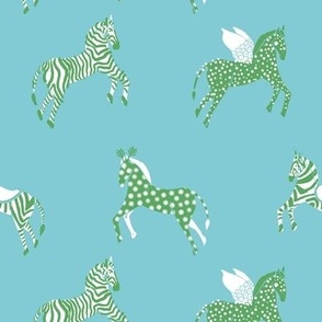 Whimsical equestrian parade - cyan aqua blue and frog kelly green