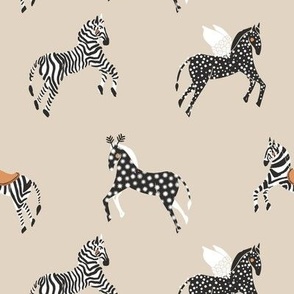 Whimsical equestrian parade - natural off white beige monochrome  black and white