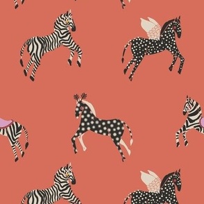 Whimsical equestrian parade  -  spriced coral red pink monochrome black and off white