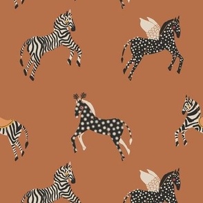Whimsical equestrian parade  - earthy terracotta cinnamon brown monochrome black and off white