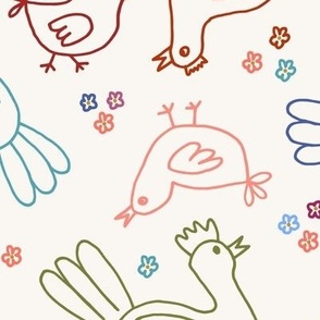 Large scale Hand drawn back to basics multicolor linework scandi naive chickens and hens in a floral meadown for kids bedroom decor, nursery wallpapers, cot sheets and cute baby apparel 