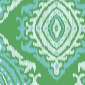 Large peacock decorative diamond geometric soleil ikat - kelly green and cyan aqua blue