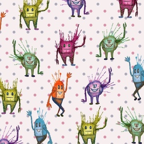 Small Scale Dancing Watercolor Monsters on Pink, Purple Polka Dots 