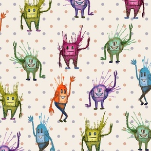 Medium Scale Dancing Watercolor Monsters on Orange, Purple Polka Dots 