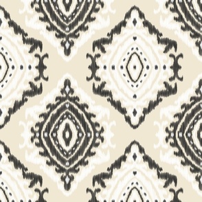 medium decorative diamond geometric soleil ikat - monochrome black off white cream and white