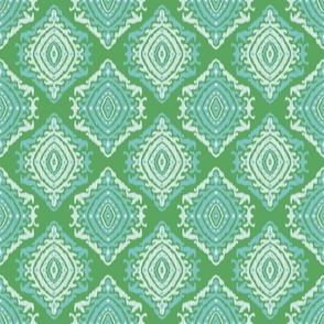 small peacock decorative diamond geometric soleil ikat - kelly green and cyan aqua blue