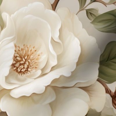 Vintage Cream Roses XL white cream ecru leaf green beige caramel 