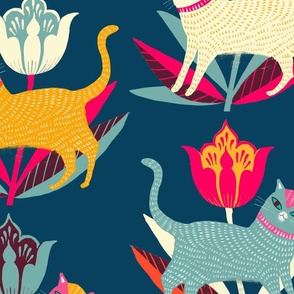 folk art cats and tulips // large