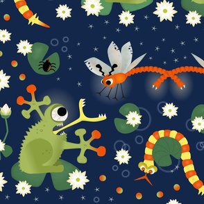 Monster Frogs and Dragonflies by a Nocturnal Pond - large scale
