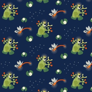 Monster Frogs with a Crown and Dragonflies by a Nocturnal Pond - simple version