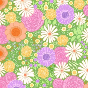 70s groovy florals summer green