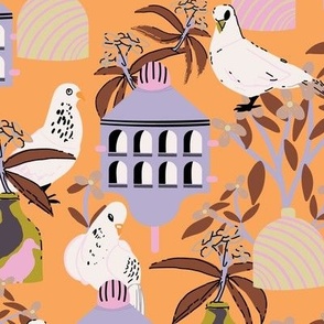 LARGE: White Pigeons with Lavender Birdhouses and  florals on orange