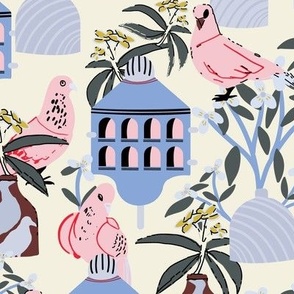 LARGE:Pink Pigeons with Blue Birdhouses and tropical florals on cream