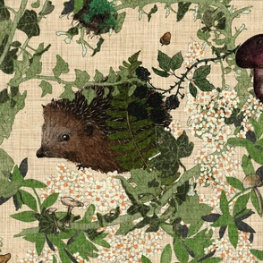 Large scale whimsical hidden woodland animals with mushrooms, nuts and berries on a cream background 