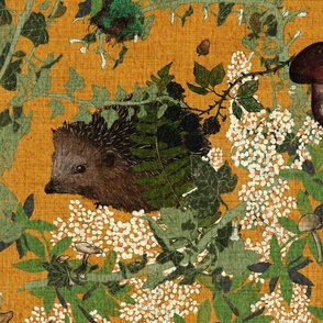 Large scale whimsical hidden woodland animals with mushrooms, nuts and berries on a mustard yellow background 