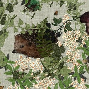 Large scale himsical hidden woodland animals with mushrooms, nuts and berries on a dusty blue background 
