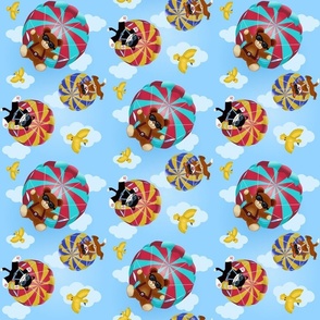 Cute bears, cats and dogs on colorful parachutes - ceiling wallpaper - small scale