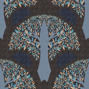 Design of fabulous blue trees with an arched crown on a black background.